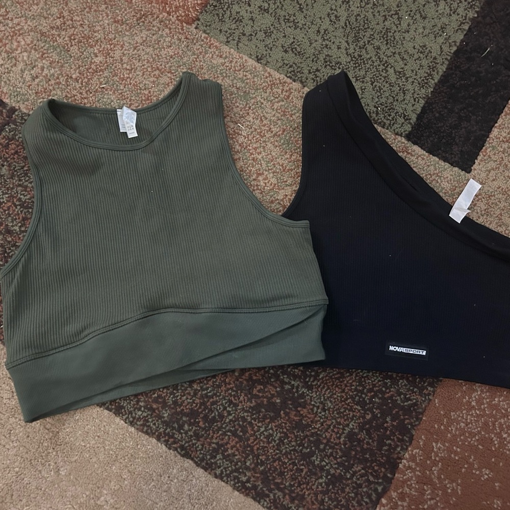 Women's Olive and Black ribbed workout tops